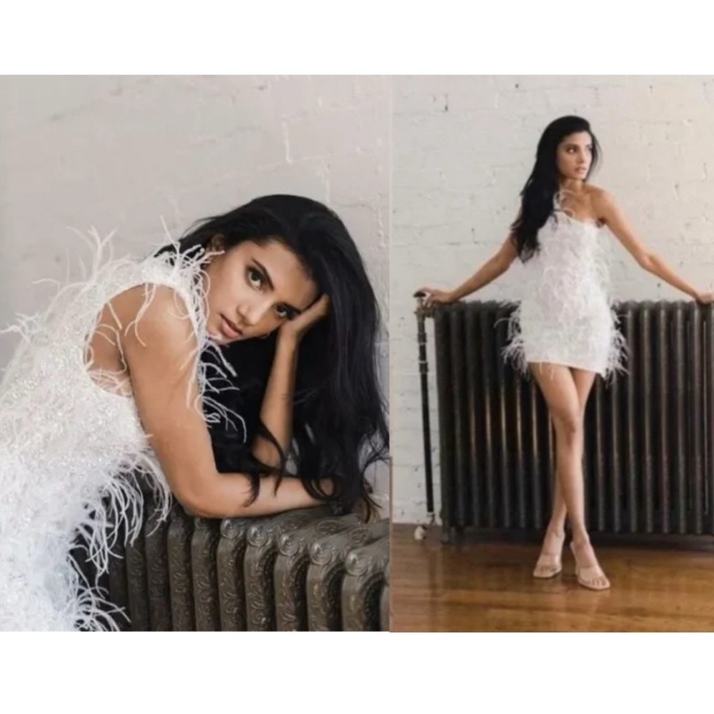 Retrofete Sina Feathered One-Shoulder Asymmetric Mini Dress White Silver Bridal